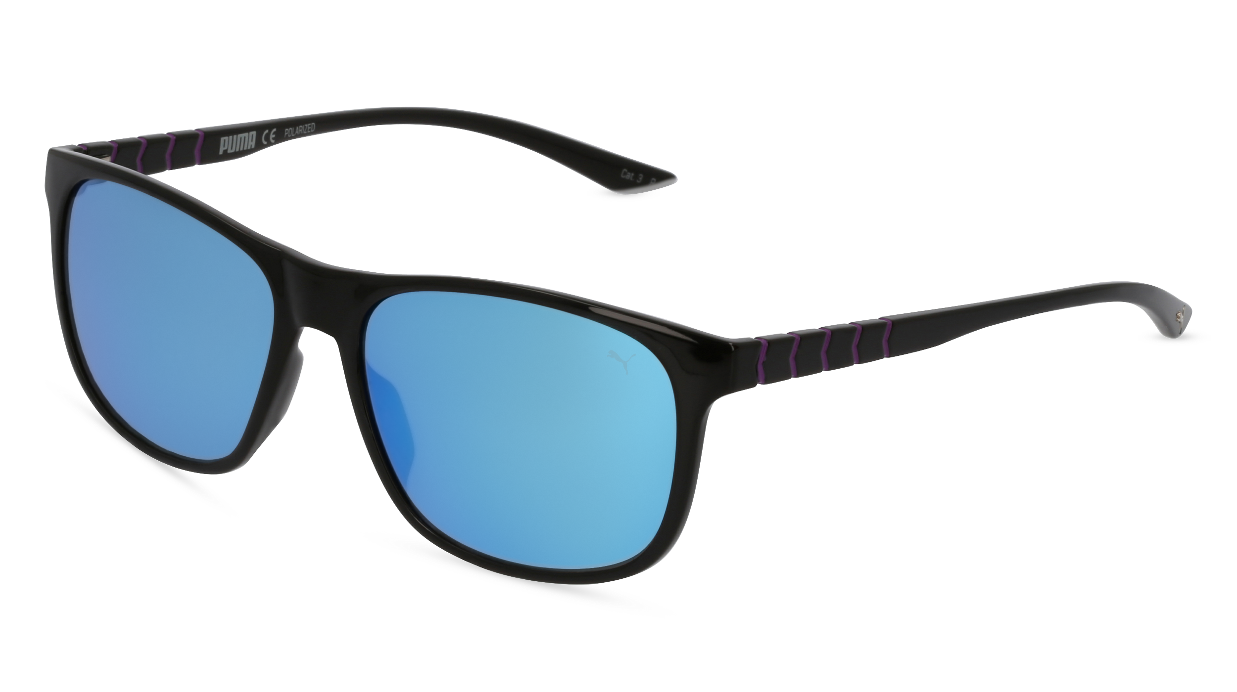 PUMA PU0132S | Unisex-Sonnenbrille | Eckig | Fassung: Kunststoff Schwarz | Glasfarbe: Blau / Silberfarben